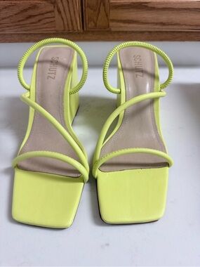 SCHUTZ Neon Yellow Square-Toe Strappy Block Heels